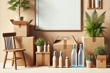 Boxes, plants and water bottles
